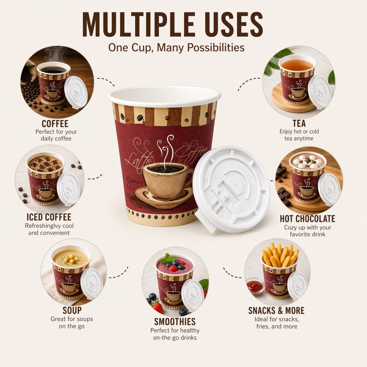 *Buy Bulk* 8oz Disposable Heaven Poly Paper Cups with White Lid Hot & Cold Paper Cups VeZee