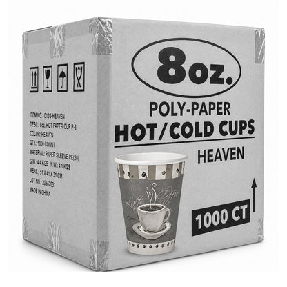 *WHOLESALE* 8 oz Heaven White Poly Paper Cups Hot and Cold Disposable Leak Resistant Cups 1000/ Case Paper Cups VeZee