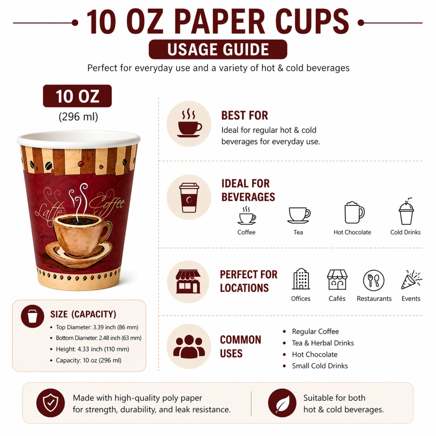 *BUY BULK* 10 oz Heaven White Poly Paper Cups Hot and Cold Disposable Leak Resistant Cups Paper Cups VeZee