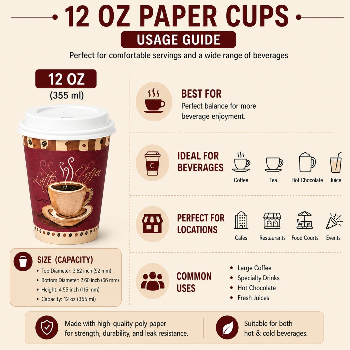 *Buy Bulk* 12oz Disposable Heaven Poly Paper Cups with White Dome Lids Hot & Cold Paper Cups VeZee