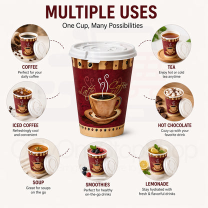 *Buy Bulk* 12oz Disposable Heaven Poly Paper Cups with White Lid Hot & Cold Paper Cups VeZee