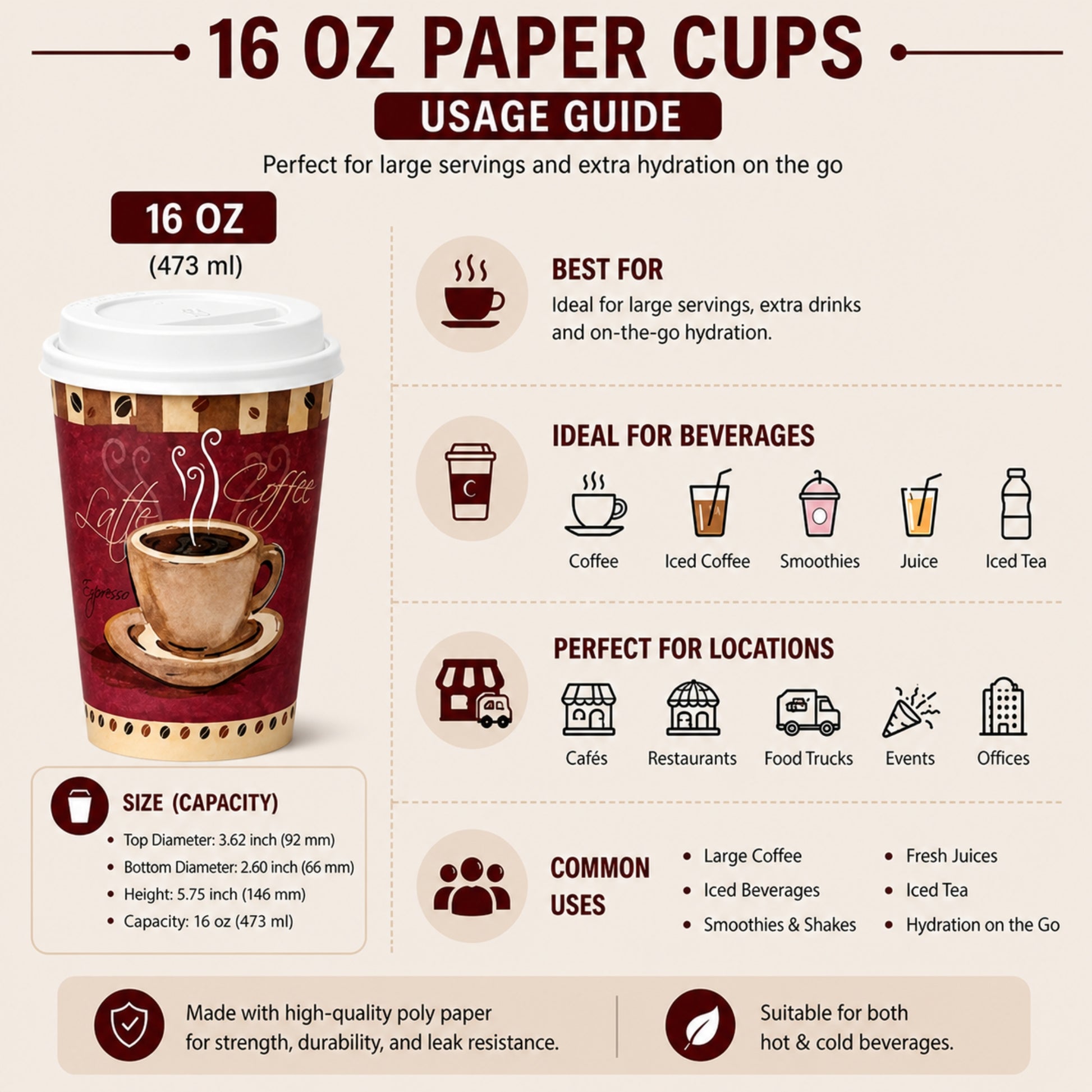*Buy Bulk* 16oz Disposable Heaven Poly Paper Cups with White Dome Lids Hot & Cold Paper Cups VeZee