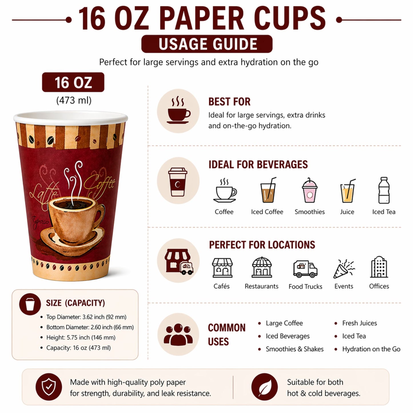 *BUY BULK* 16 oz Heaven White Poly Paper Cups Hot and Cold Disposable Leak Resistant Cups Paper Cups VeZee