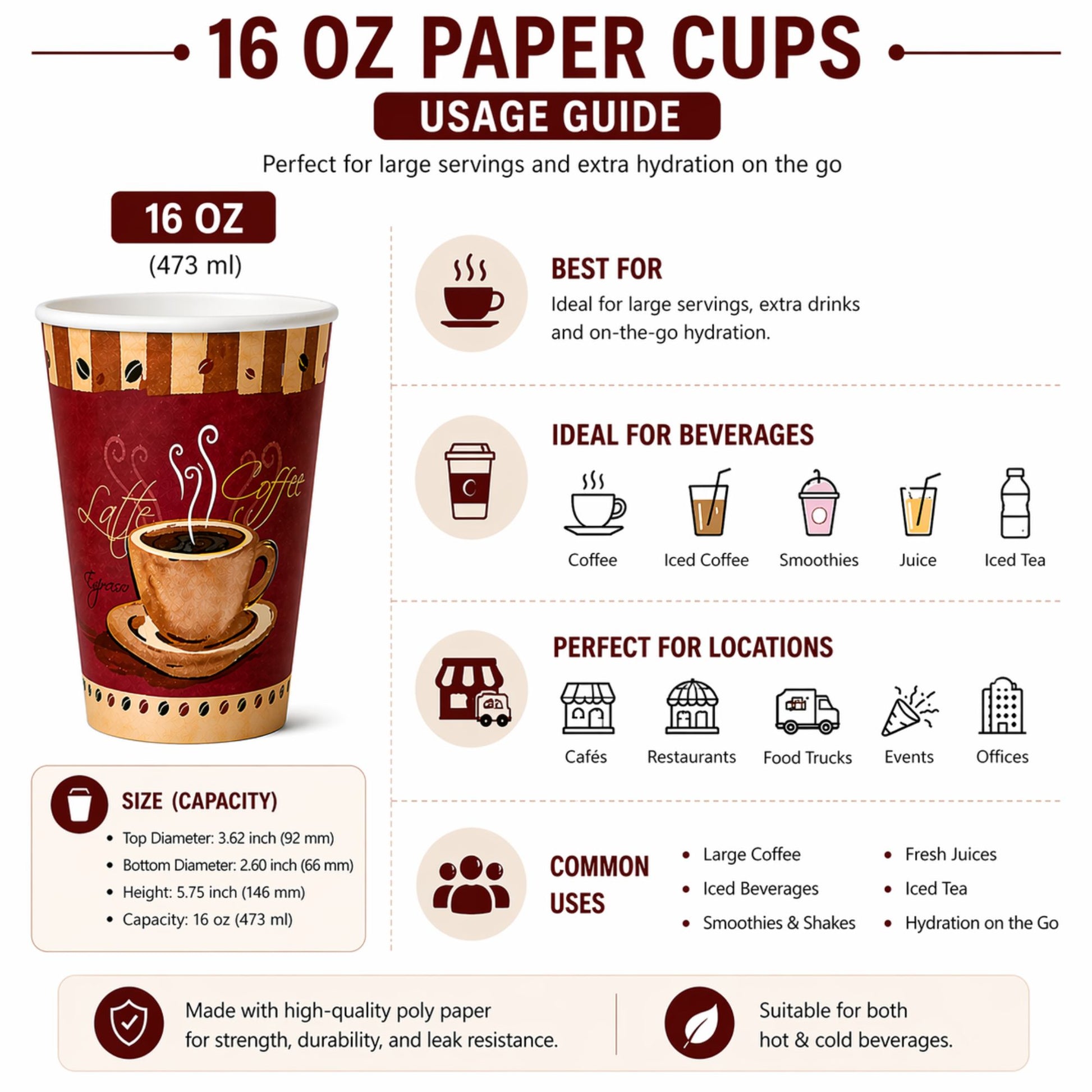 *BUY BULK* 16 oz Heaven White Poly Paper Cups Hot and Cold Disposable Leak Resistant Cups Paper Cups VeZee