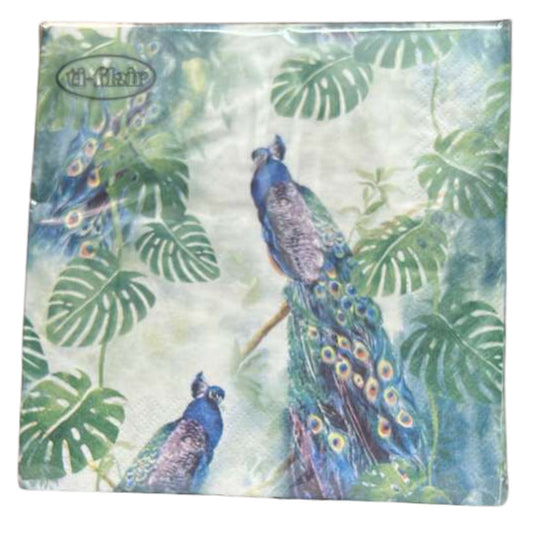 13" x 13" 3-Ply Premium Tissue Napkins – Peacock & Tropical Leaf Design: 20 Count Napkins Ti-Flair