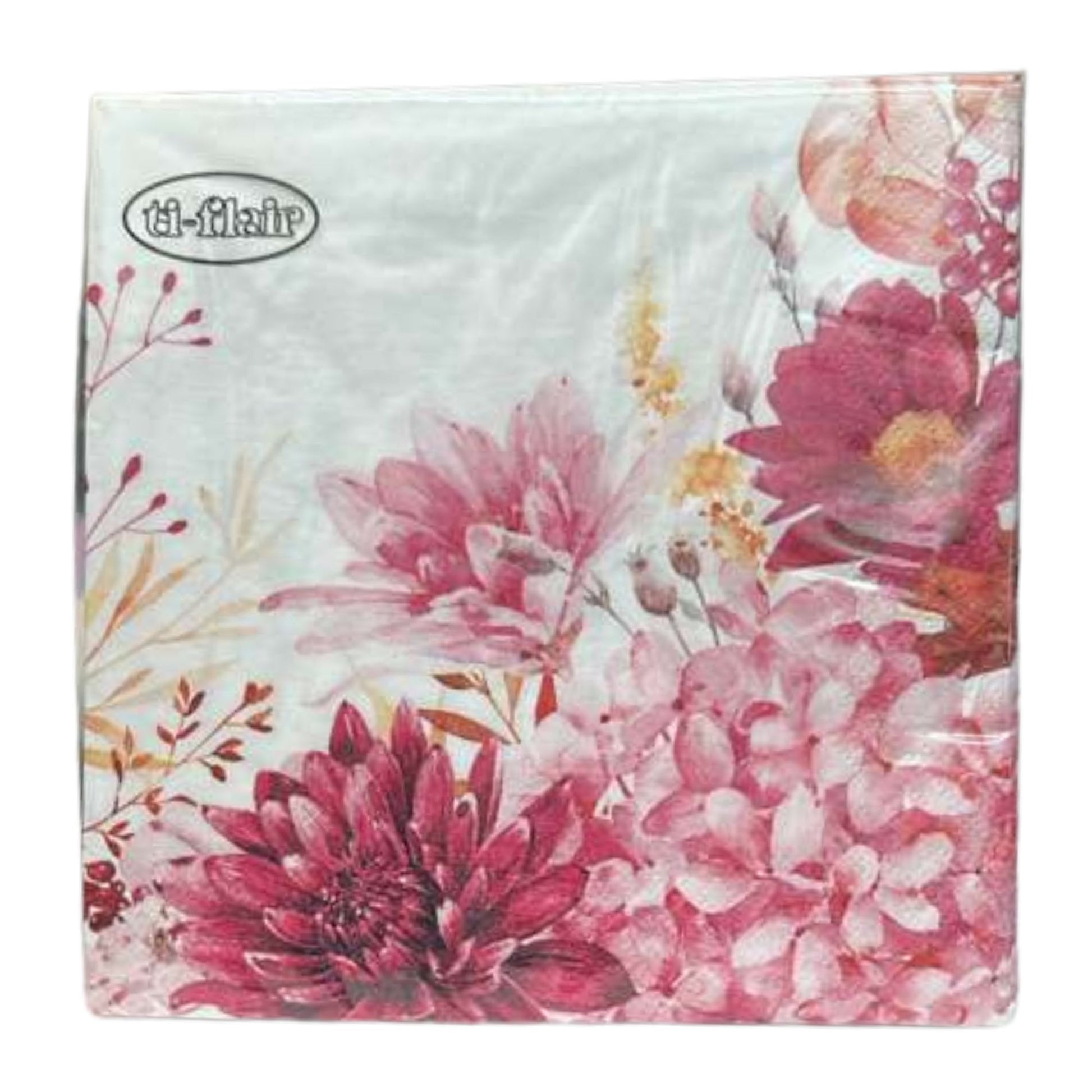 13" x 13" 3-Ply Premium Tissue Napkins – Pink Floral Bouquet Design: 20 Count Napkins Ti-Flair
