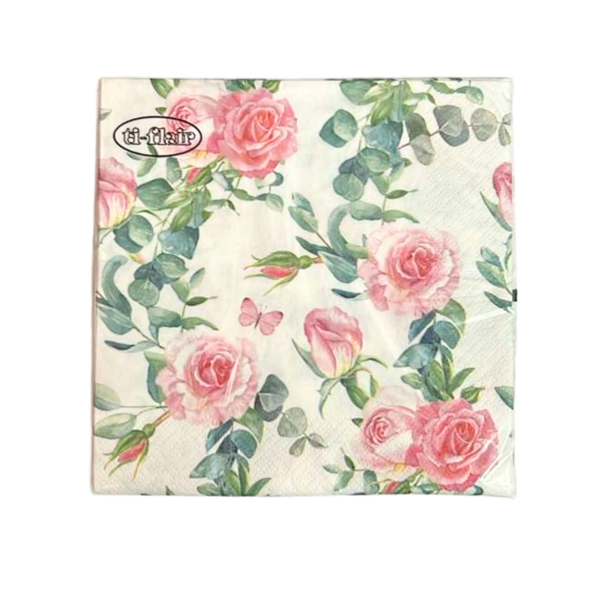 13" x 13" 3-Ply Premium Tissue Napkins – Pink Rose & Greenery Design: 20 Count Napkins Ti-Flair