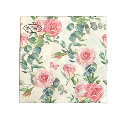 13" x 13" 3-Ply Premium Tissue Napkins – Pink Rose & Greenery Design: 20 Count Napkins Ti-Flair