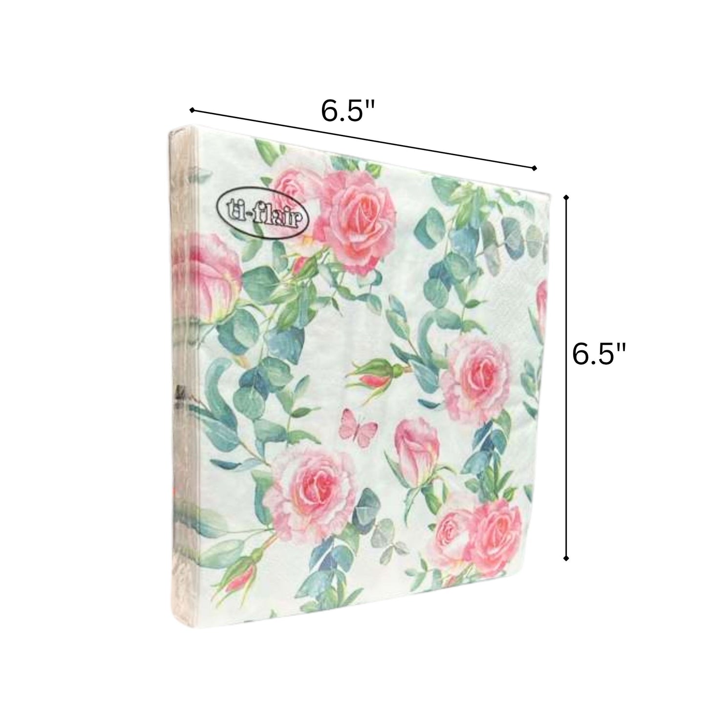 13" x 13" 3-Ply Premium Tissue Napkins – Pink Rose & Greenery Design: 20 Count Napkins Ti-Flair