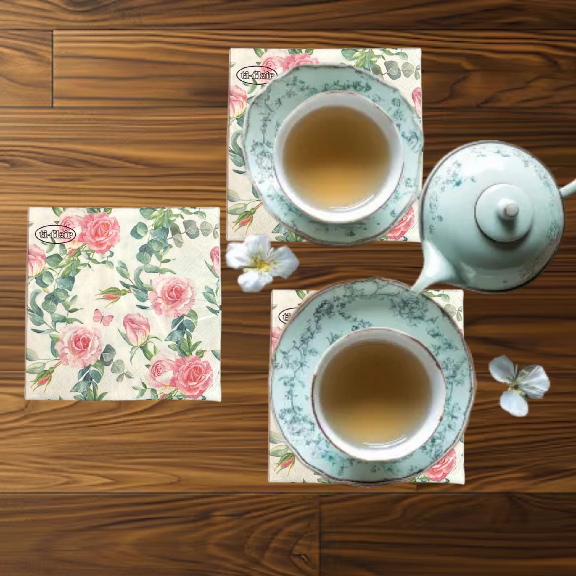 13" x 13" 3-Ply Premium Tissue Napkins – Pink Rose & Greenery Design: 20 Count Napkins Ti-Flair