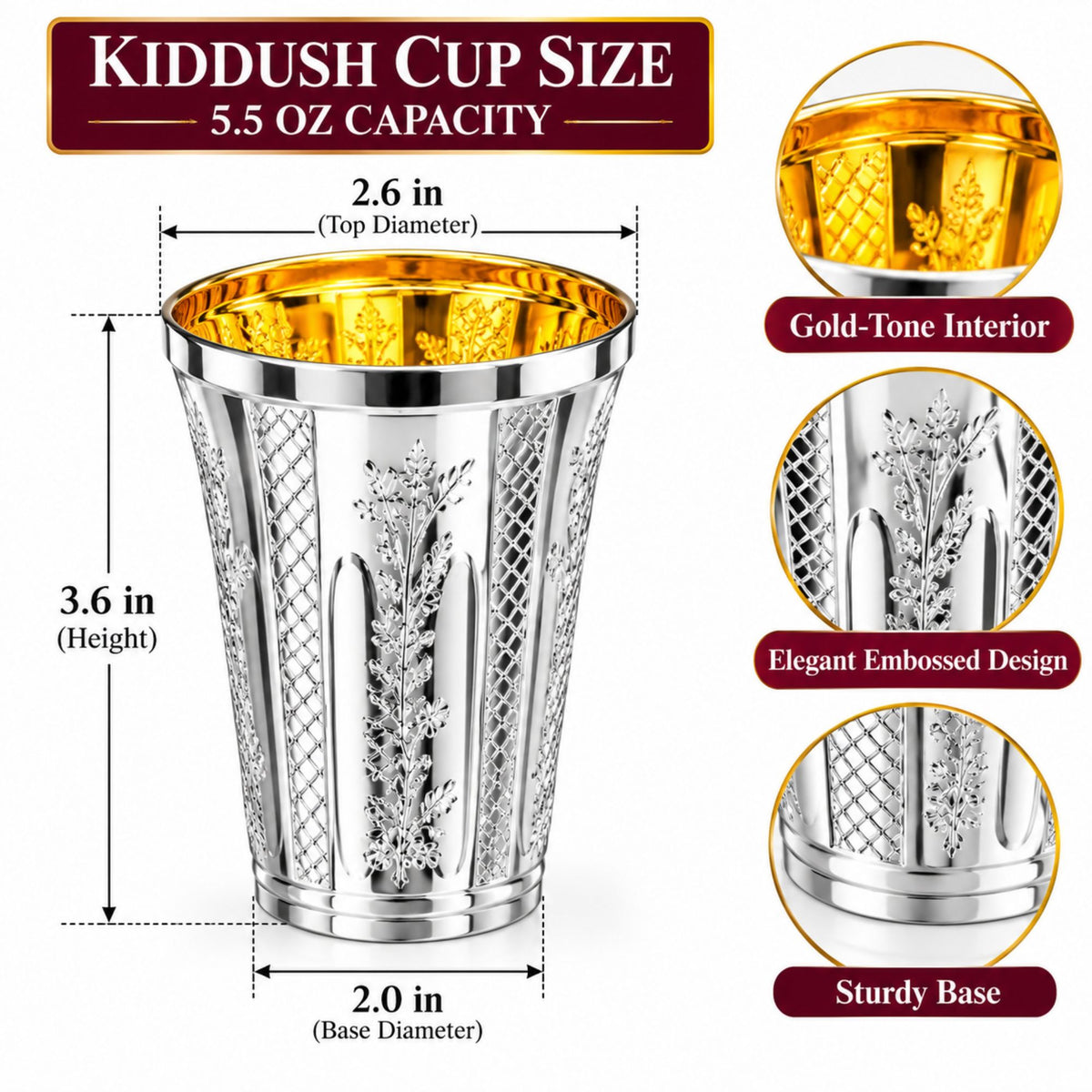 5.5 oz Set of 10 Silver Disposable Wine Kiddush Cups with Gold Interior Disposable Cups Decorline