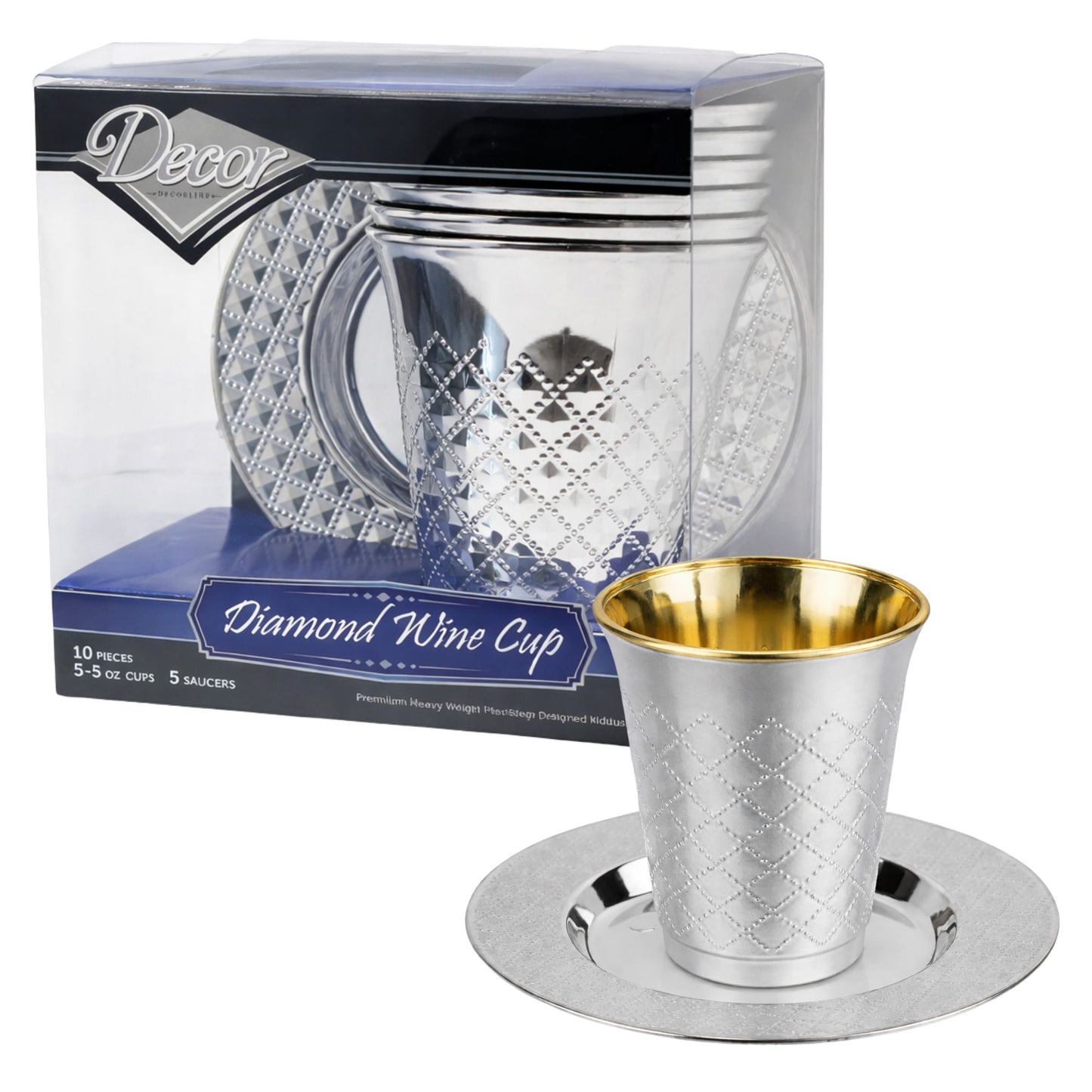 5oz Plastic kiddish Wine Cup and Saucer Set Silver Decor Diamond Disposable Cups Decorline