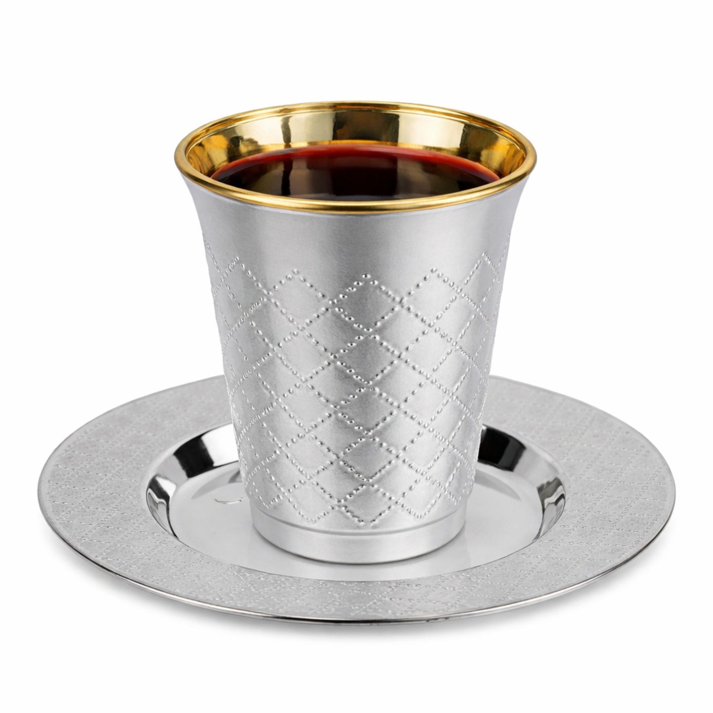 5oz Plastic kiddish Wine Cup and Saucer Set Silver Decor Diamond Disposable Cups Decorline