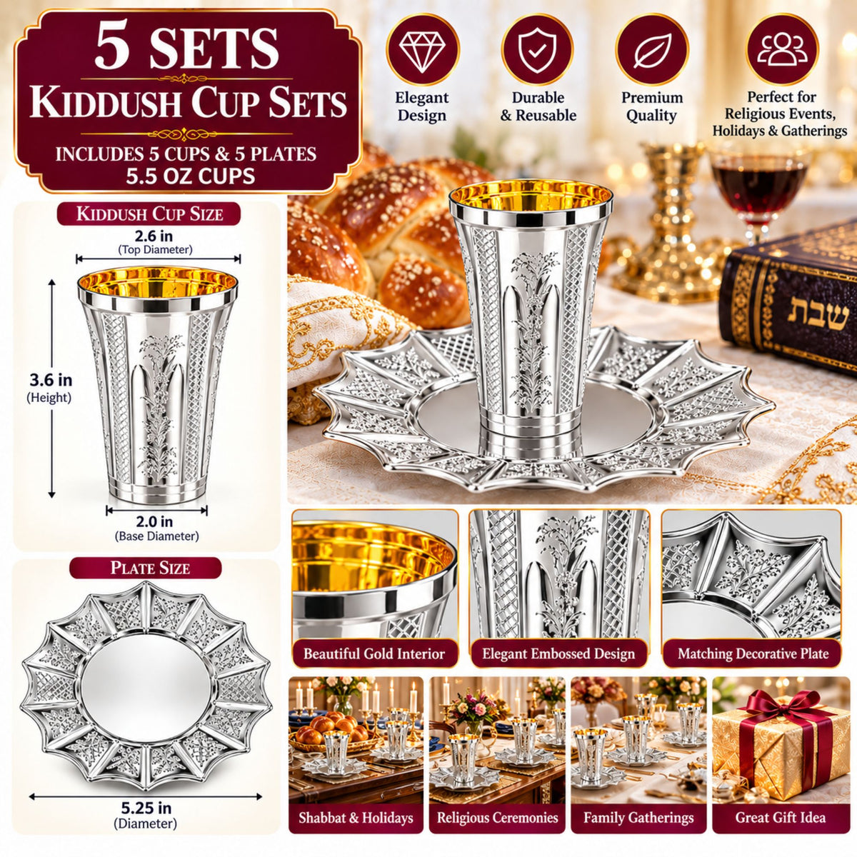 5oz Plastic kiddish Wine Cup and Saucer Set Silver Decor Diamond Disposable Cups Decorline