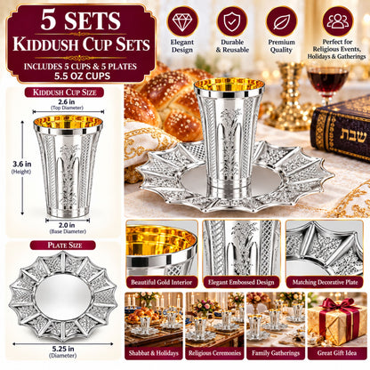 5oz Plastic kiddish Wine Cup and Saucer Set Silver Decor Diamond Disposable Cups Decorline