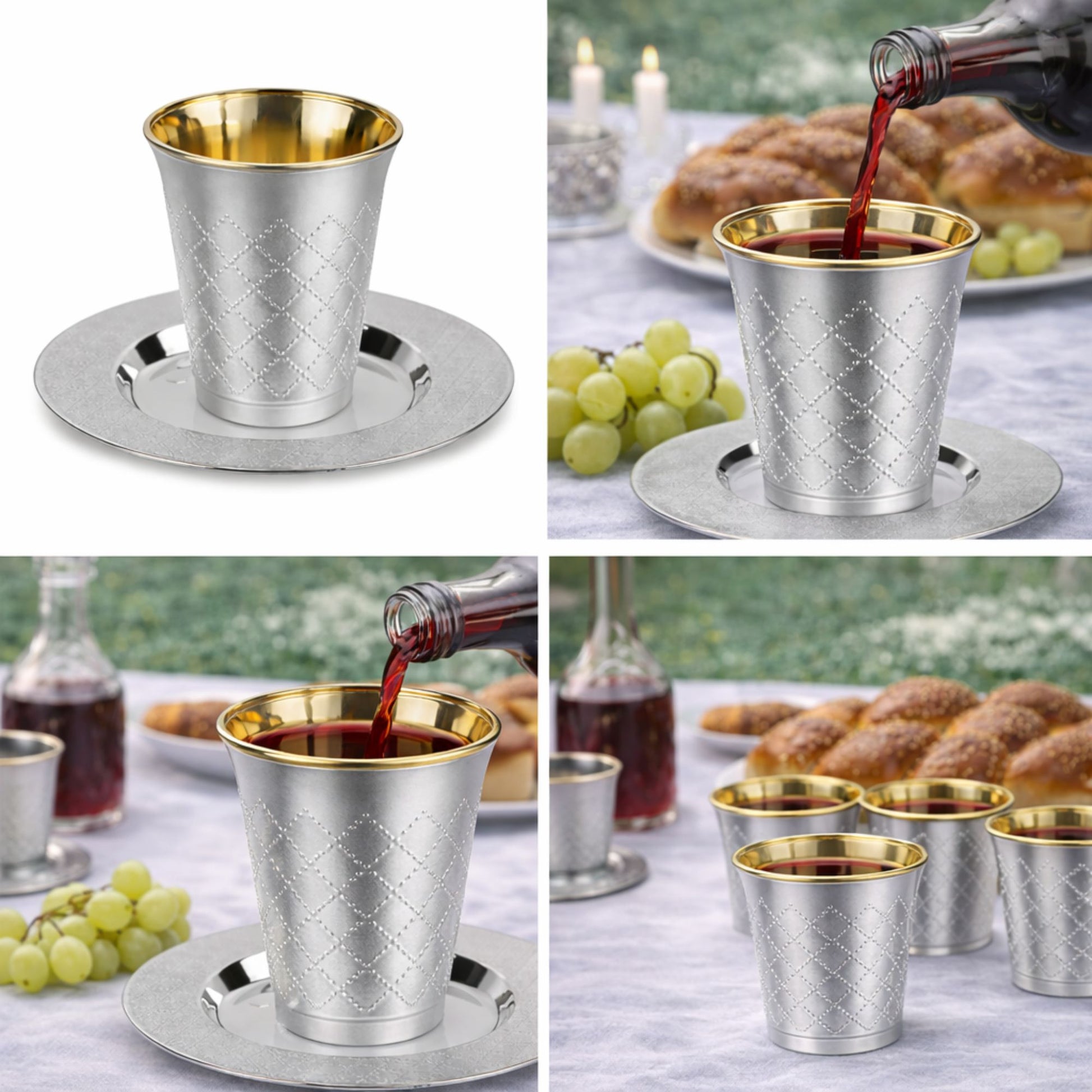 5oz Plastic kiddish Wine Cup and Saucer Set Silver Decor Diamond Disposable Cups Decorline