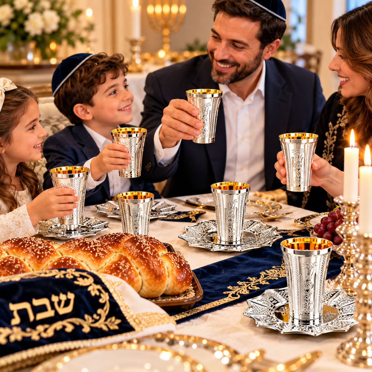 5oz Plastic kiddish Wine Cup and Saucer Set Silver Decor Diamond Disposable Cups Decorline