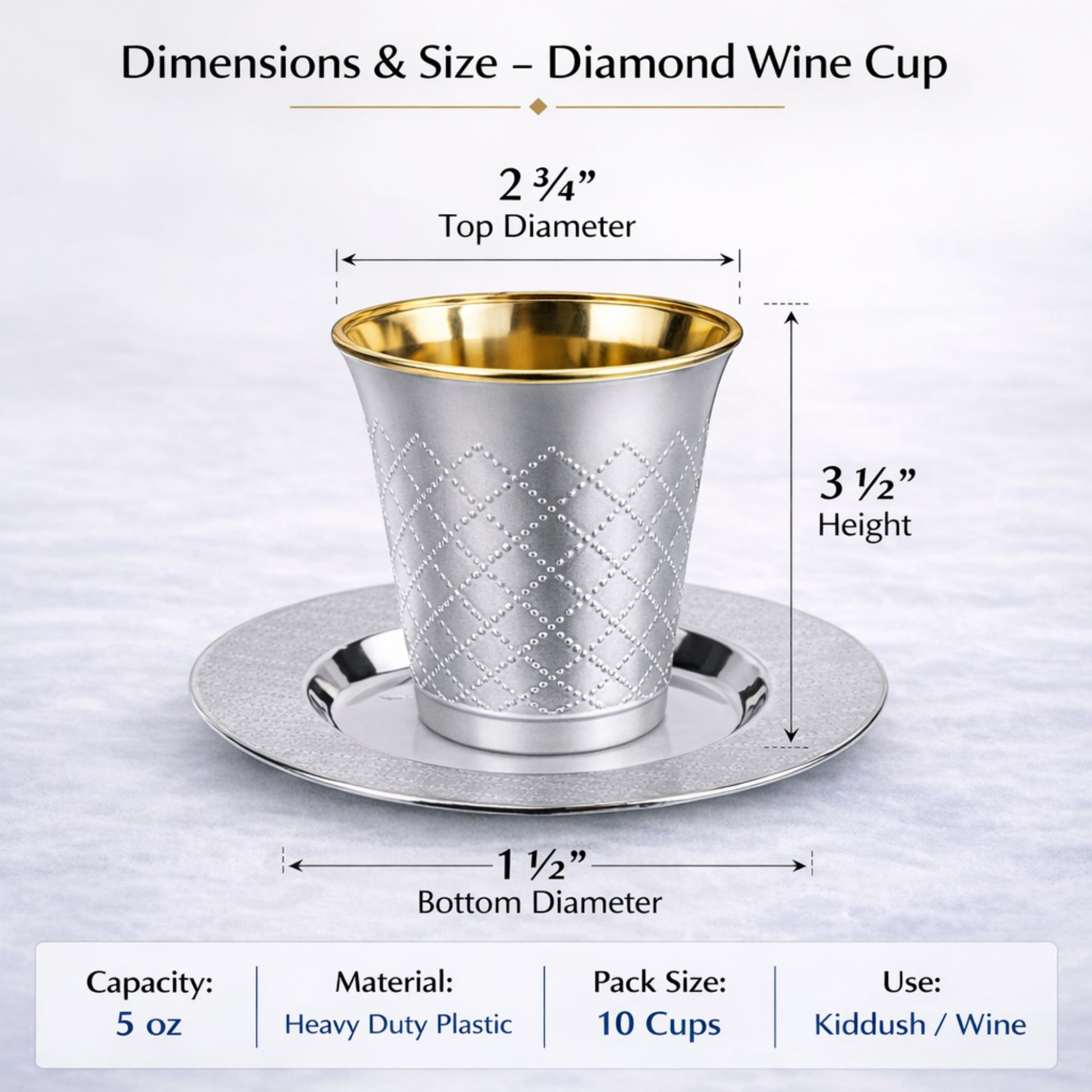 5oz Plastic kiddish Wine Cup and Saucer Set Silver Decor Diamond Disposable Cups Decorline