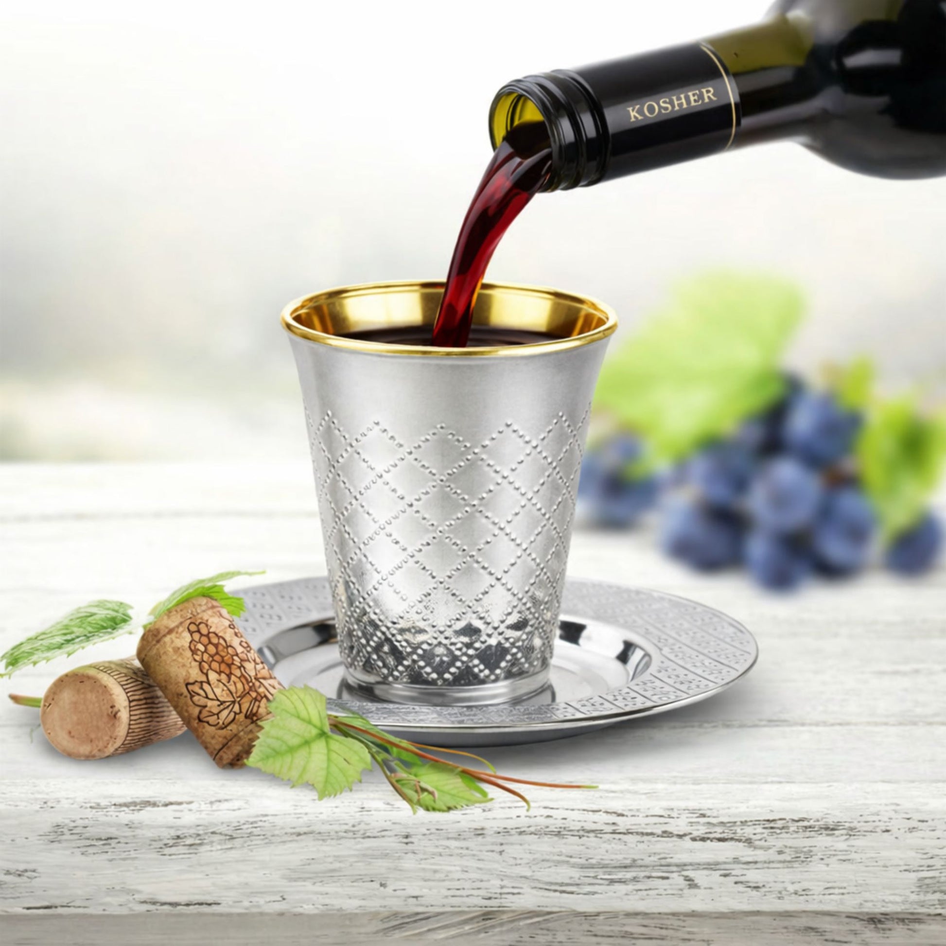 5oz Plastic kiddish Wine Cup and Saucer Set Silver Decor Diamond Disposable Cups Decorline