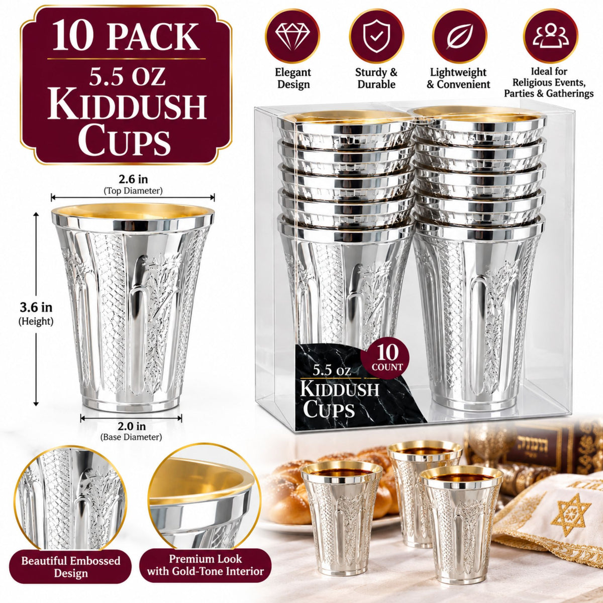 5.5 oz Set of 10 Silver Disposable Wine Kiddush Cups with Gold Interior Disposable Cups Decorline