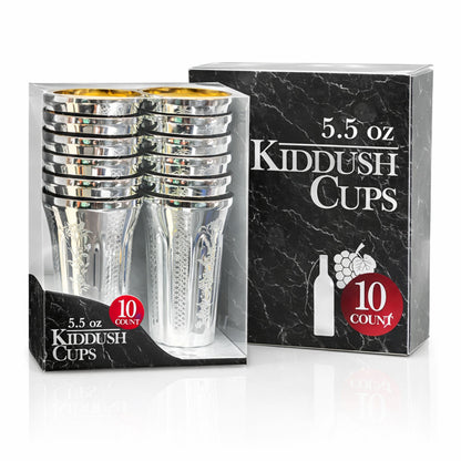 5.5 oz Set of 10 Silver Disposable Wine Kiddush Cups with Gold Interior Disposable Cups Decorline