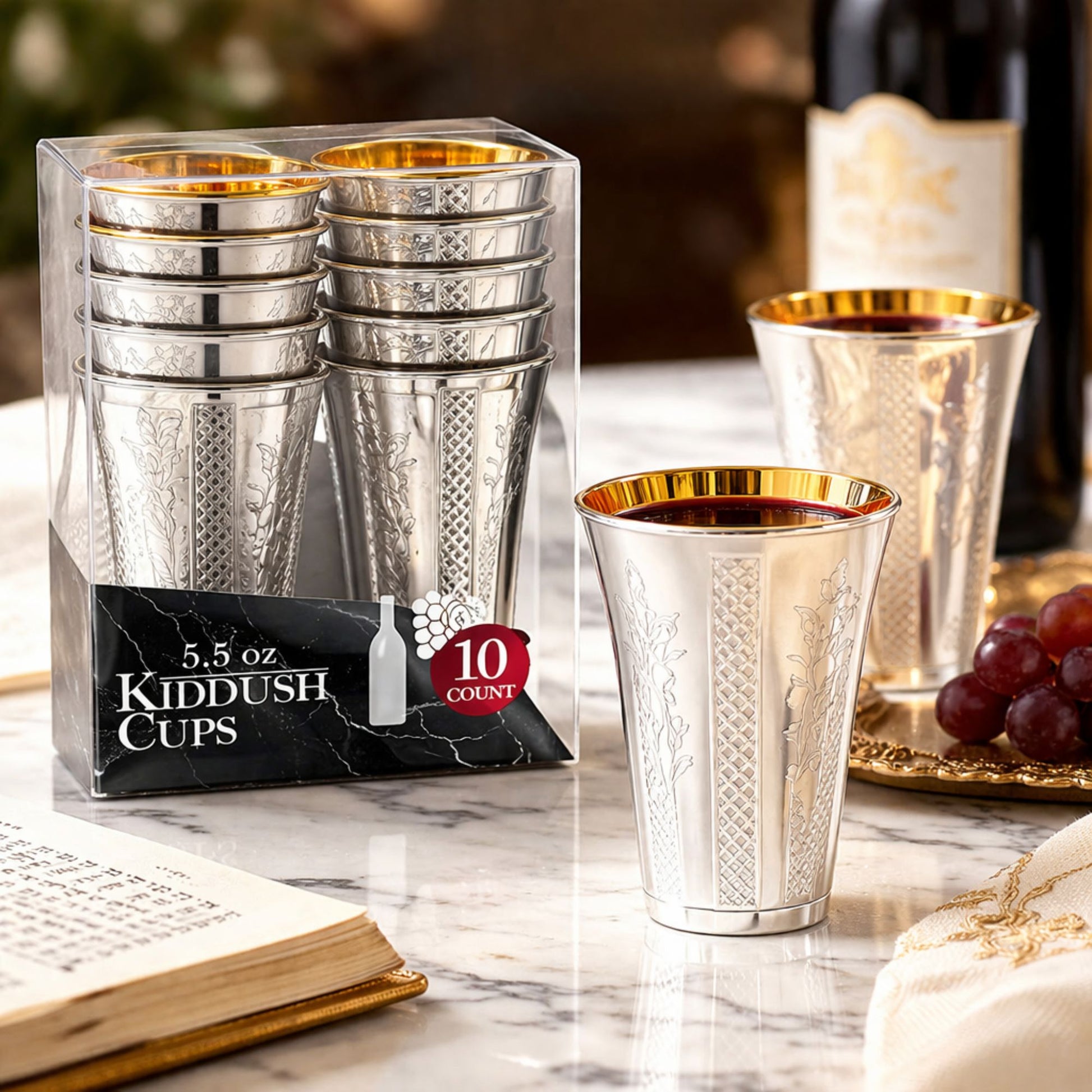 5.5 oz Set of 10 Silver Disposable Wine Kiddush Cups with Gold Interior Disposable Cups Decorline