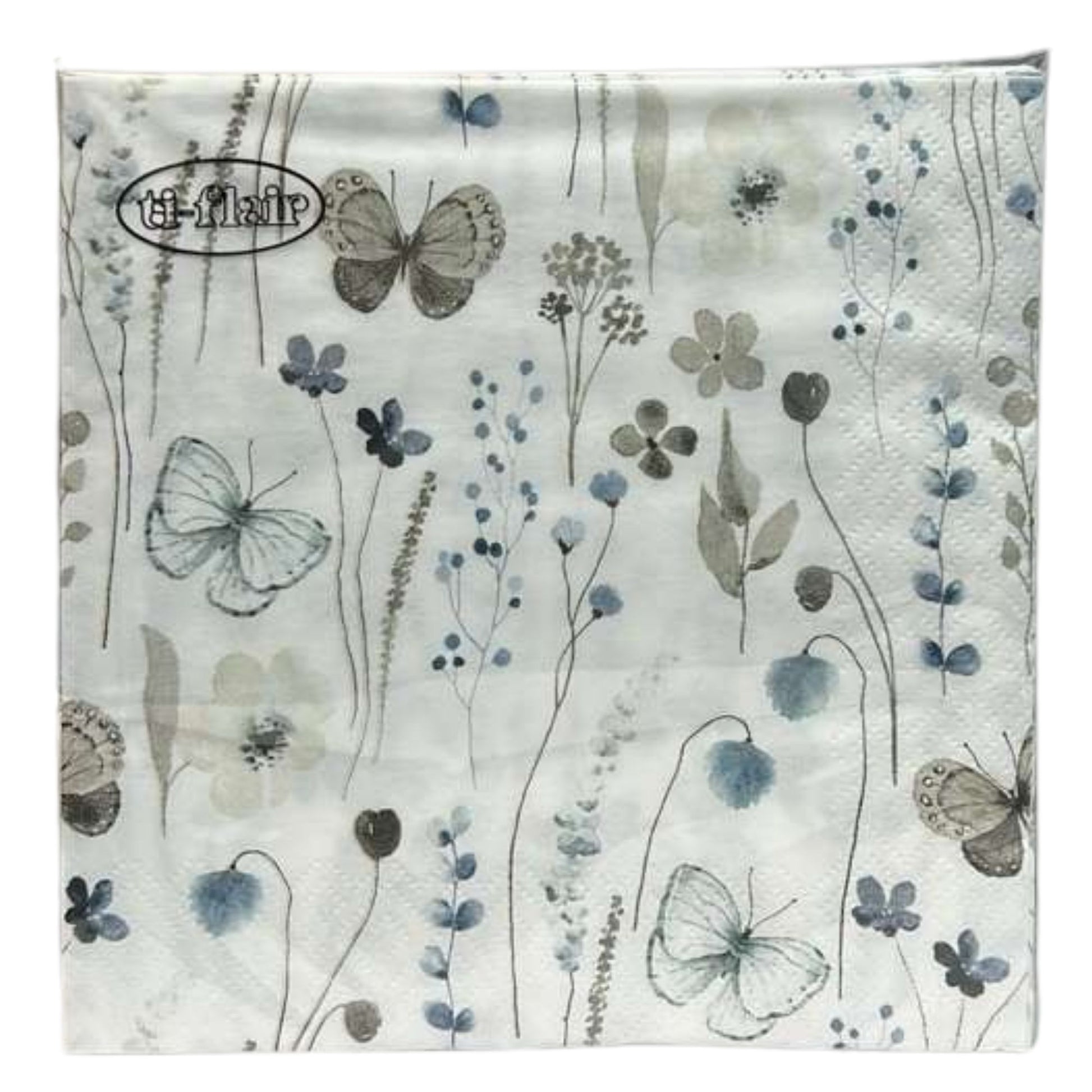 13" x 13" 3-Ply Premium Floral & Butterfly Design Tissue Napkin: 20 Count Napkins Ti-Flair