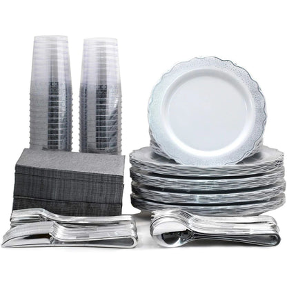 Confetti 7.5" White Silver Appetizer/Dessert Plastic Plate 10 Pack Disposable Plates Decorline