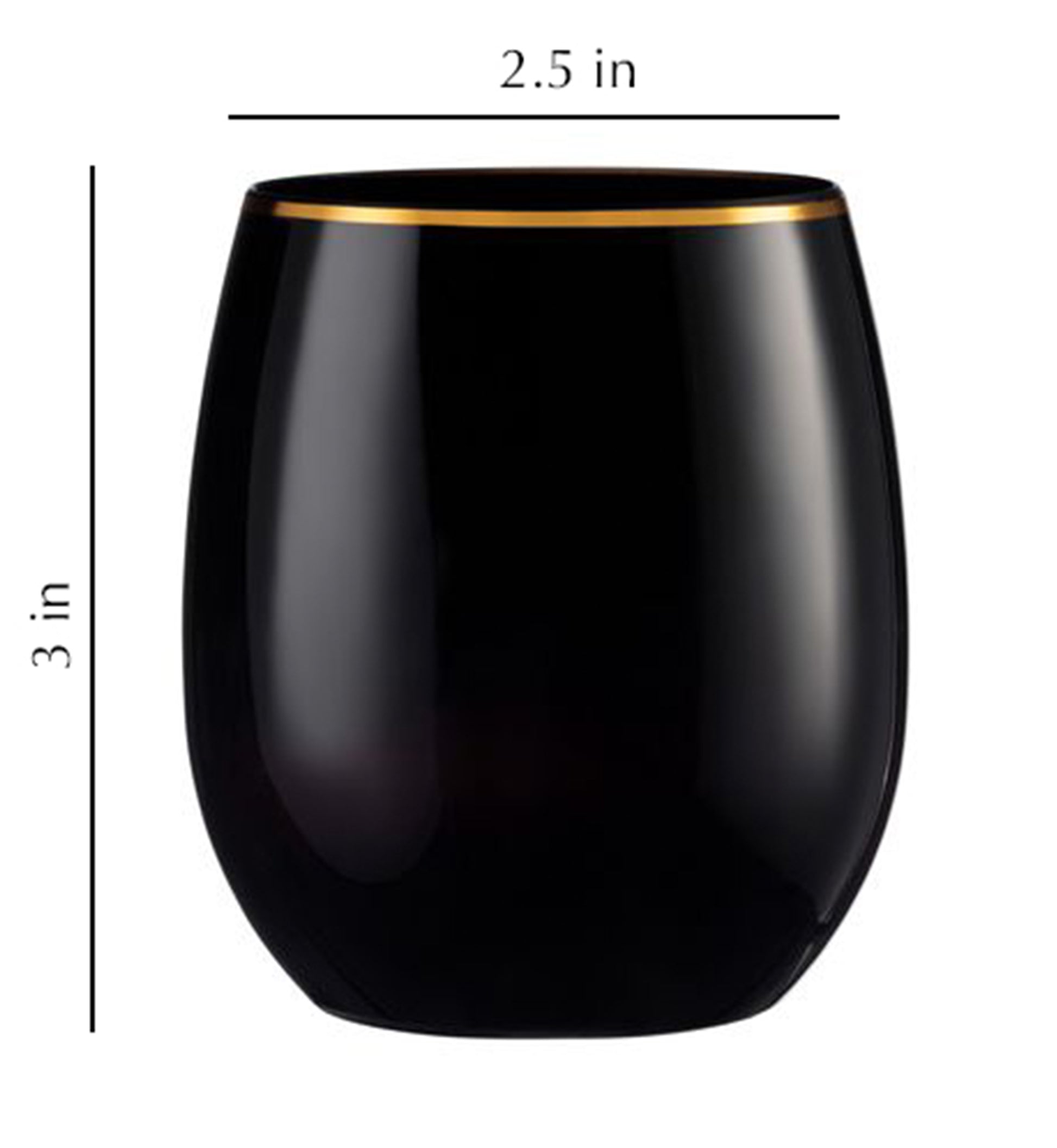Stemless Plastic Wine Goblet 12oz Black / Gold Rim  Decorline   