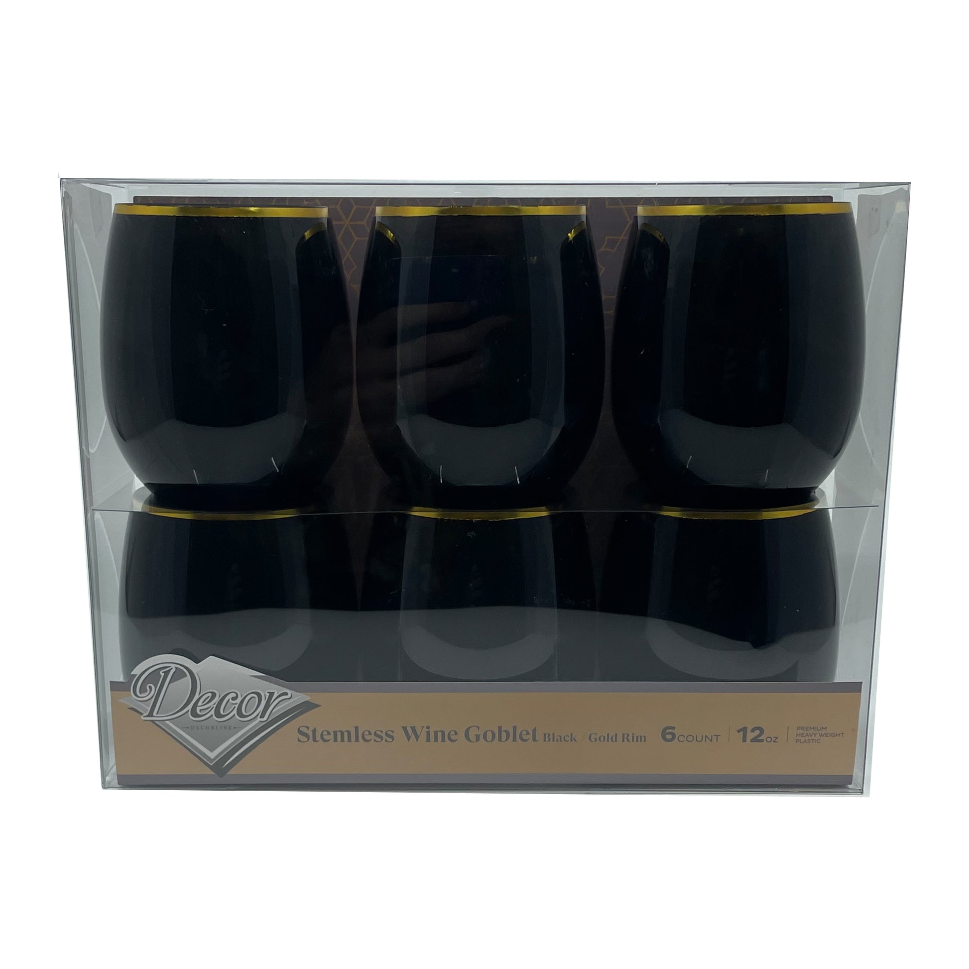 Stemless Plastic Wine Goblet 12oz Black / Gold Rim  Decorline   