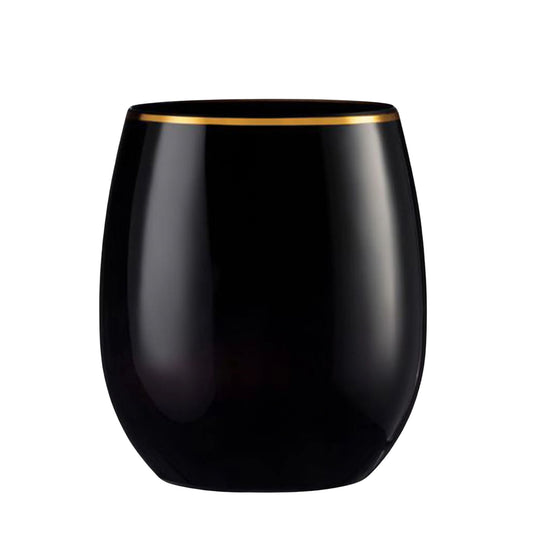 12oz Stemless Plastic Wine Goblet Black / Gold Rim Wine Goblets Decorline