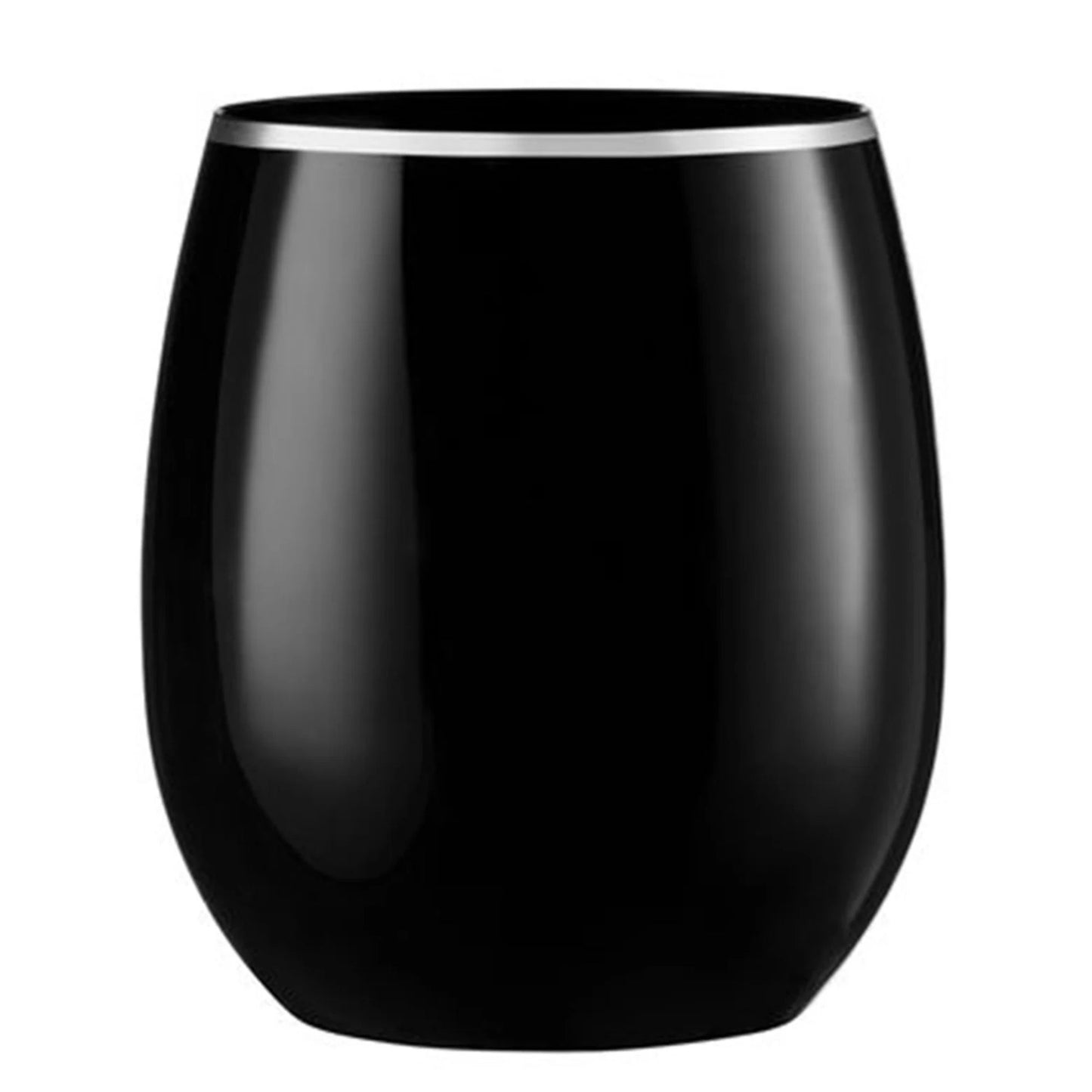 16oz Stemless Plastic Wine Goblet Black / Silver Rim 6 Pack Wine Goblets Decorline