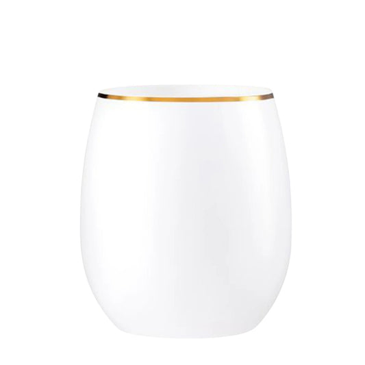 12oz Stemless Plastic Disposable Wine Goblet White / Gold Rim Wine Goblets Decorline