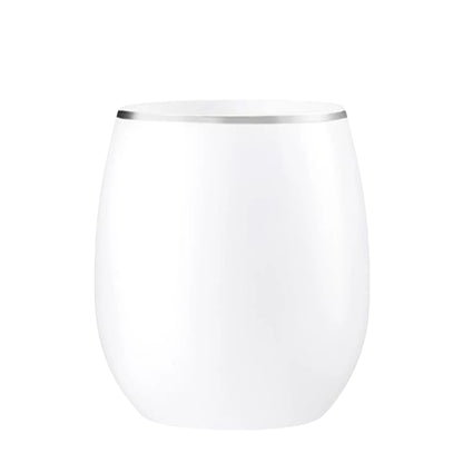 12oz Stemless Plastic Wine Goblet White / Silver Rim 6 Pack Wine Goblets Decorline