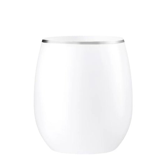 12oz Stemless Plastic Wine Goblet White / Silver Rim 6 Pack Wine Goblets Decorline