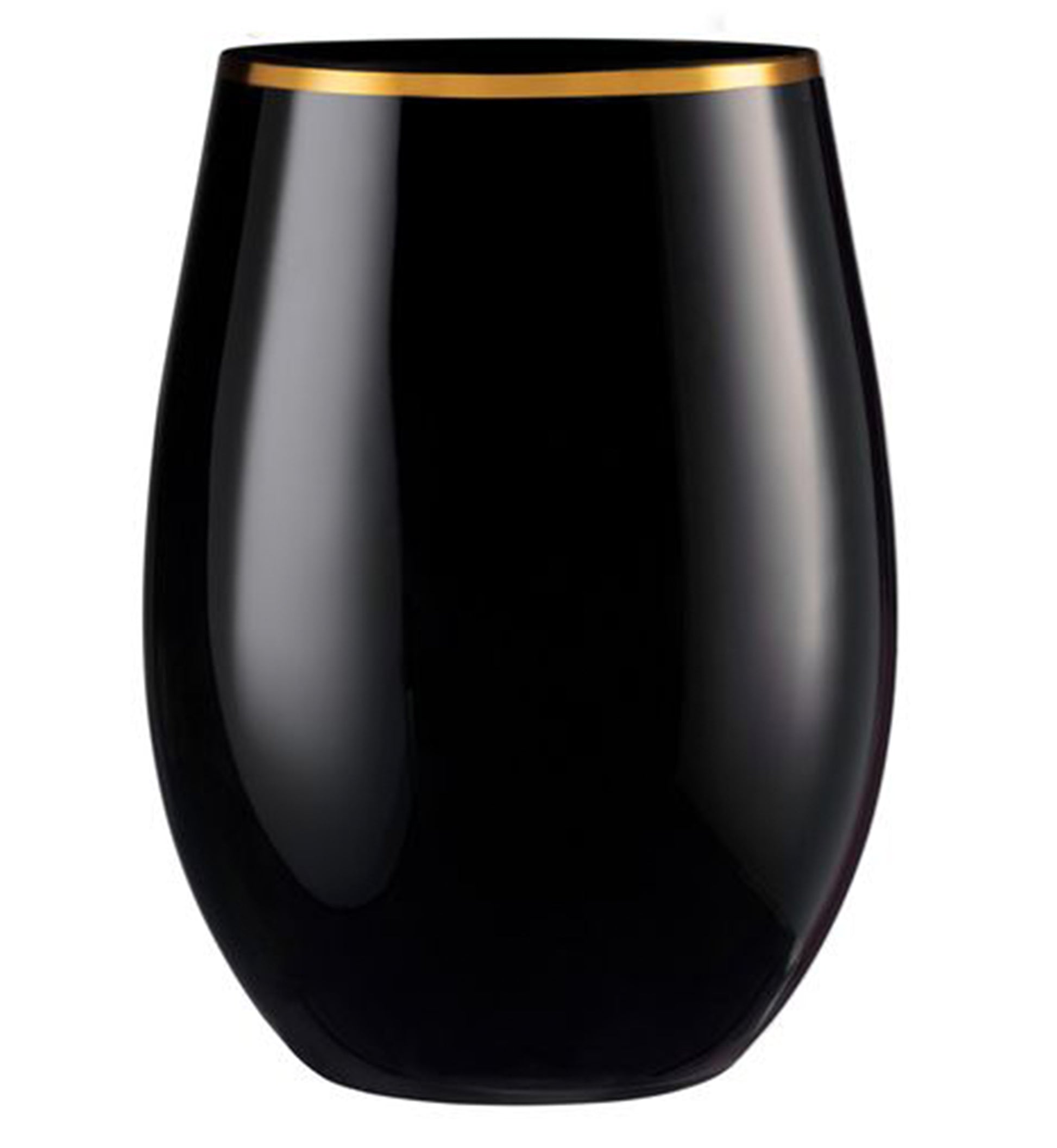 Stemless Plastic Wine Goblet 16oz Black / Gold Rim  Decorline   