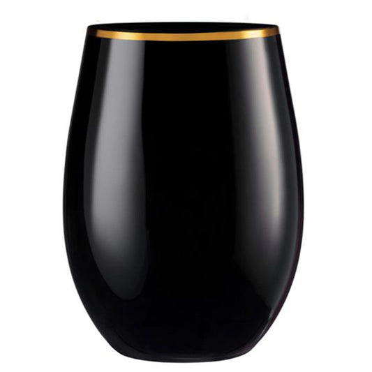 16oz Stemless Plastic Wine Goblet Black / Gold Rim 6 Pack Wine Goblets Decorline