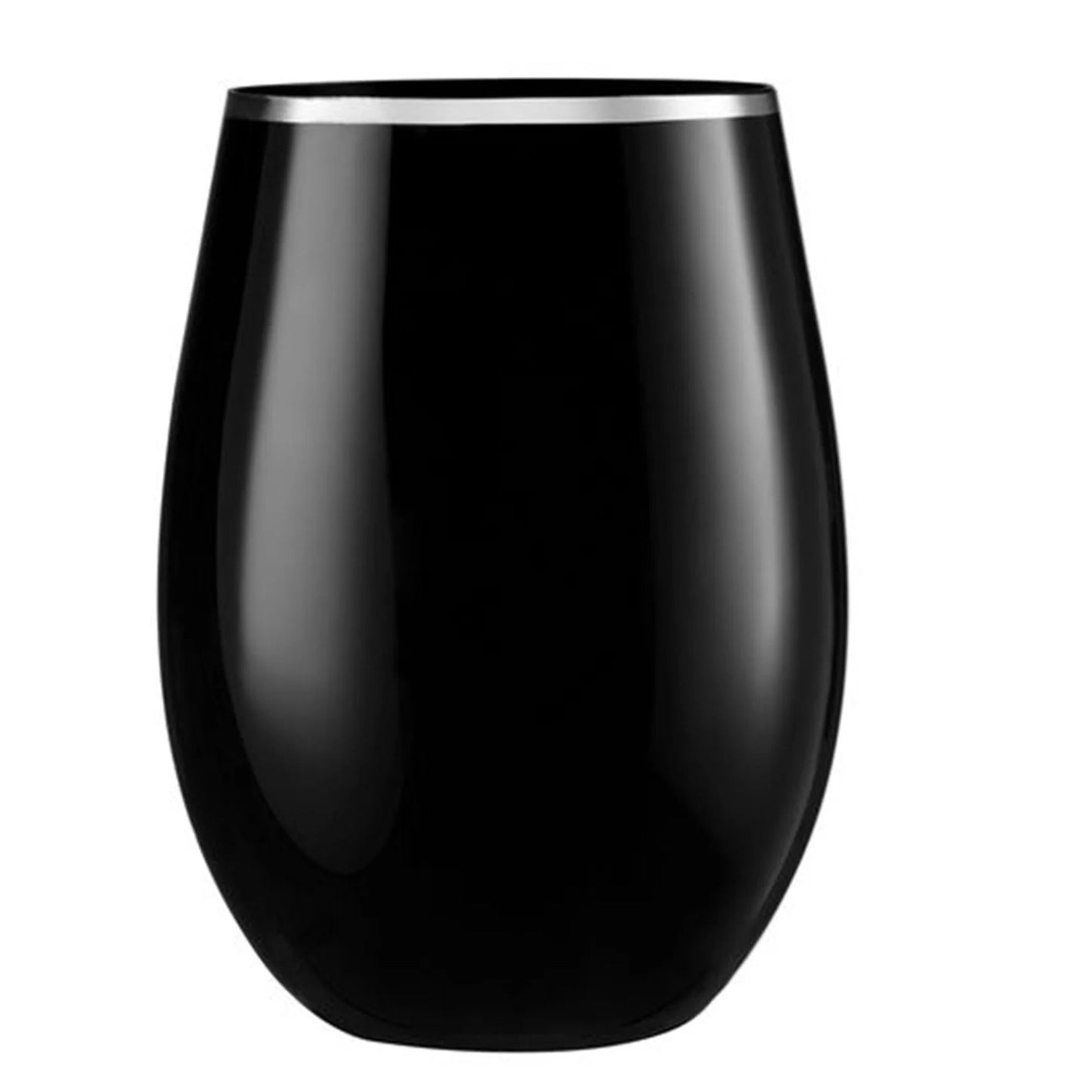 16oz Stemless Plastic Wine Goblet Black | Silver Rim 6 Pack Wine Goblets Decorline