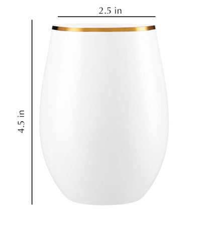 Stemless Plastic Wine Goblet 16oz White / Gold Rim  Decorline   