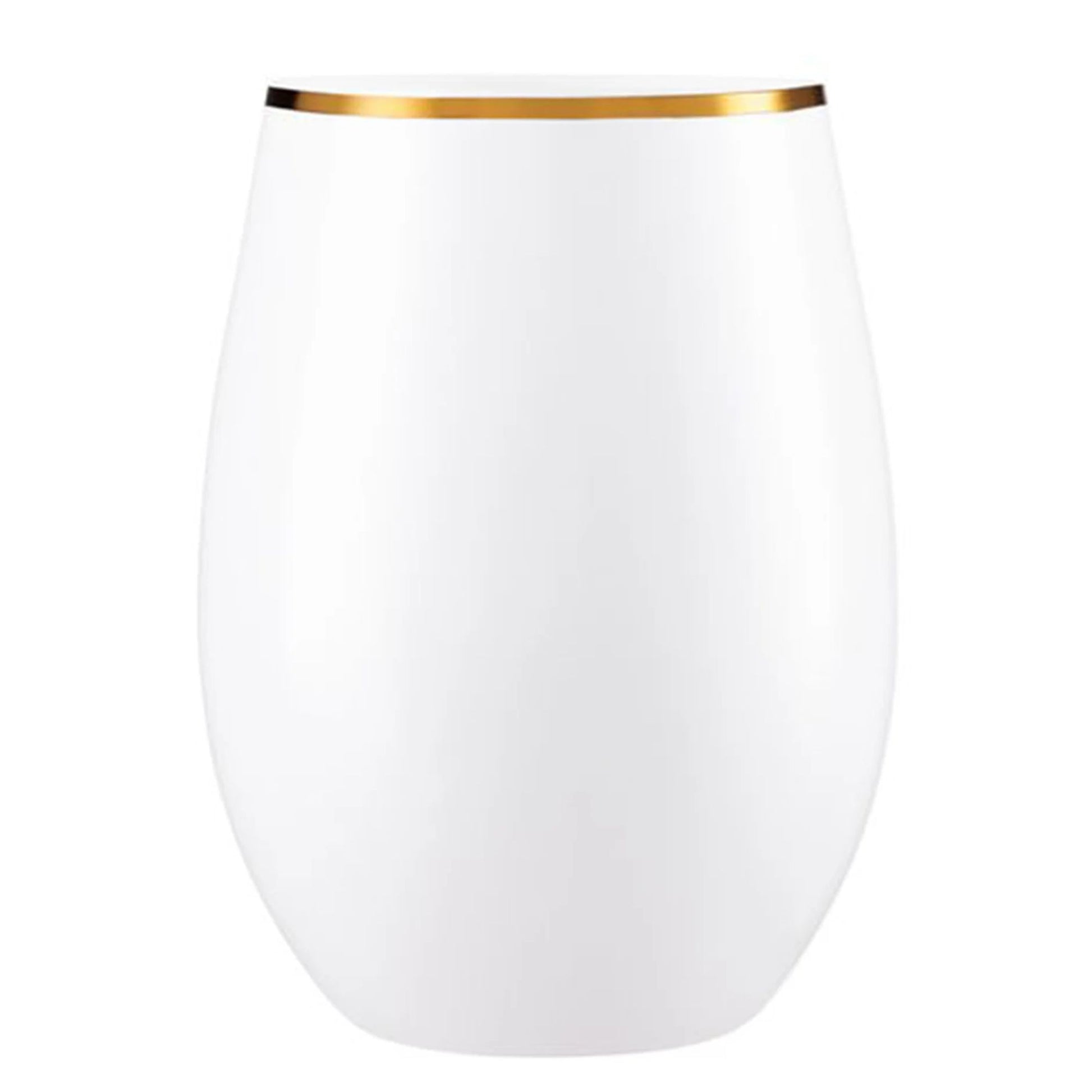 16oz Stemless Plastic Disposable Wine Goblet White / Gold Rim 6 Pack Wine Goblets Decorline
