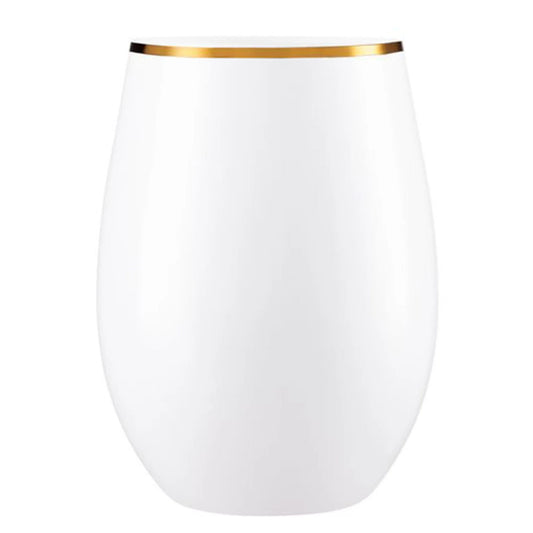 16oz Stemless Plastic Disposable Wine Goblet White / Gold Rim 6 Pack Wine Goblets Decorline