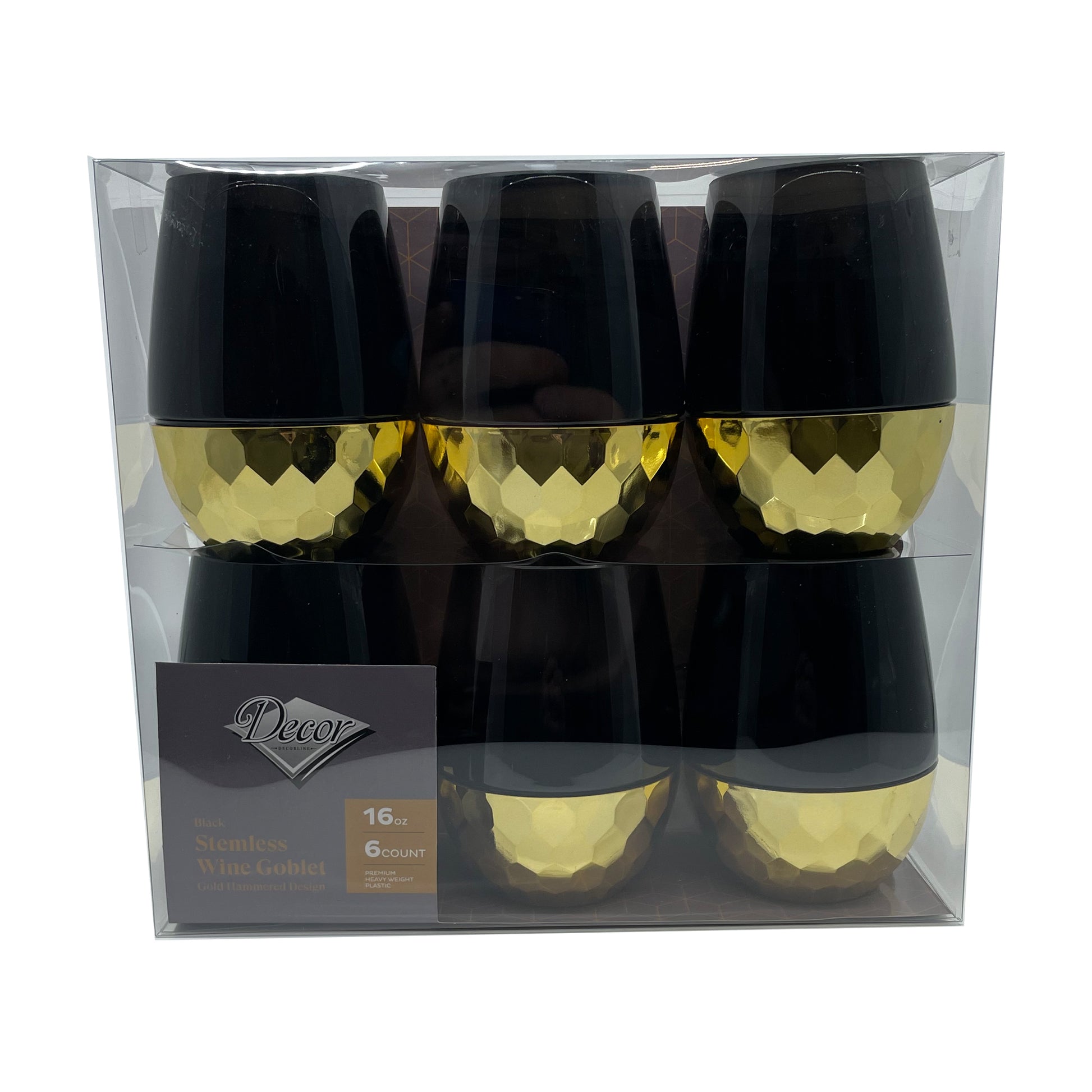 Stemless Plastic Hammered Wine Goblet 16oz Black / Gold Bottom  Decorline   