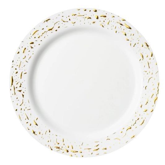 White plate with gold speckles on a white background