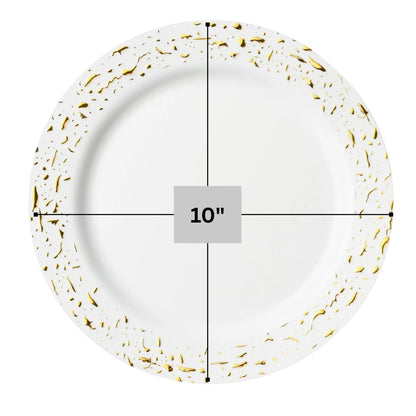 Pebbled 10" White & Gold Plastic Disposable Dinner Plate 10 Pcs Disposable Plates Decorline