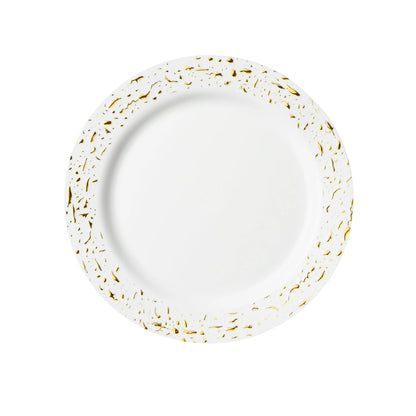 Pebbled 7" White & Gold Plastic Disposable Dessert Plate 10 Pcs Disposable Plates Decorline