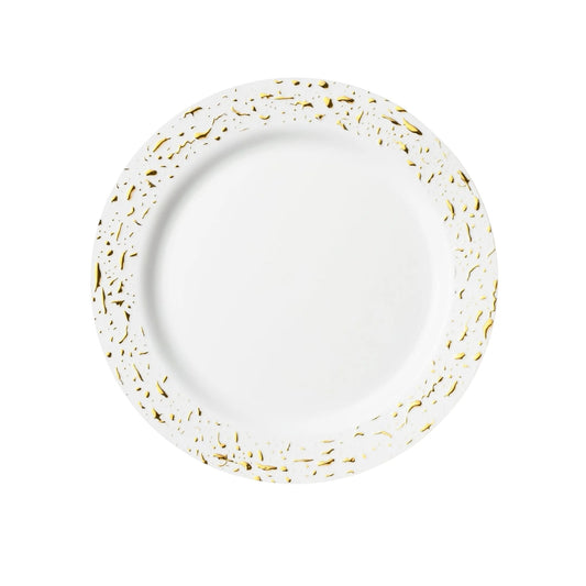 Pebbled 7" White & Gold Plastic Disposable Dessert Plate 10 Pcs Disposable Plates Decorline