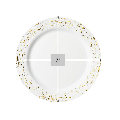 Pebbled 7" White & Gold Plastic Disposable Dessert Plate 10 Pcs Disposable Plates Decorline