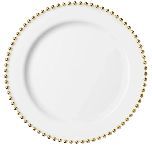 Beaded 10.25" White & Gold EXTRA HEAVY Weight Dinner Plates Decorline