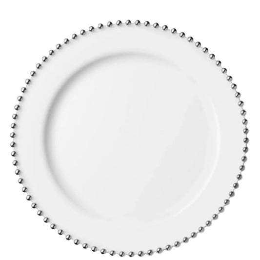 Beaded 10.25" White & Silver EXTRA Heavy weight Plastic Dinner Plates Disposable Plates Decorline