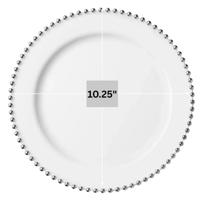 Beaded 10.25" White & Silver EXTRA Heavy weight Plastic Dinner Plates Disposable Plates Decorline